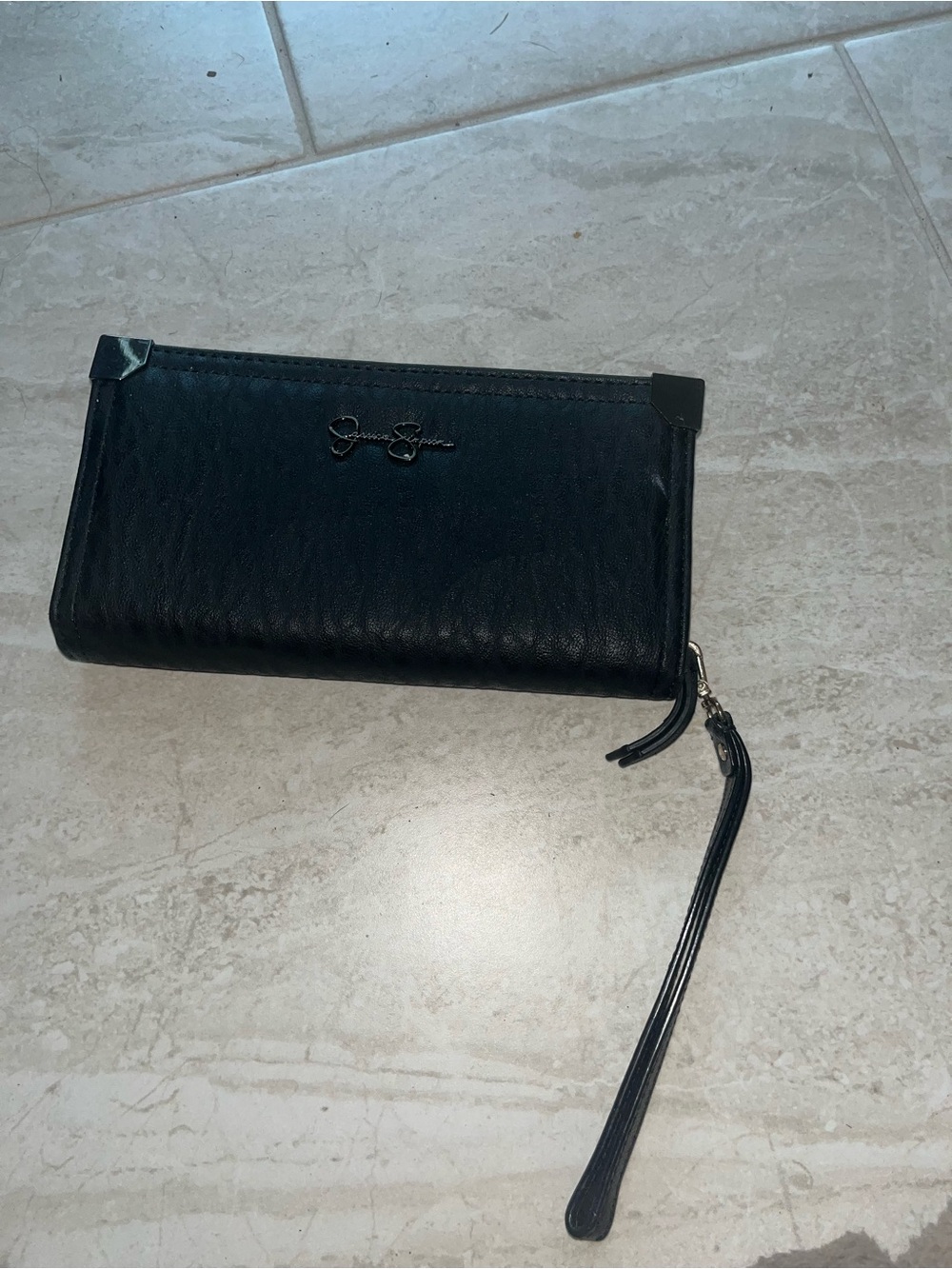 Jessica Simpson Black Leather Wristlet Clutch with Logo Accent